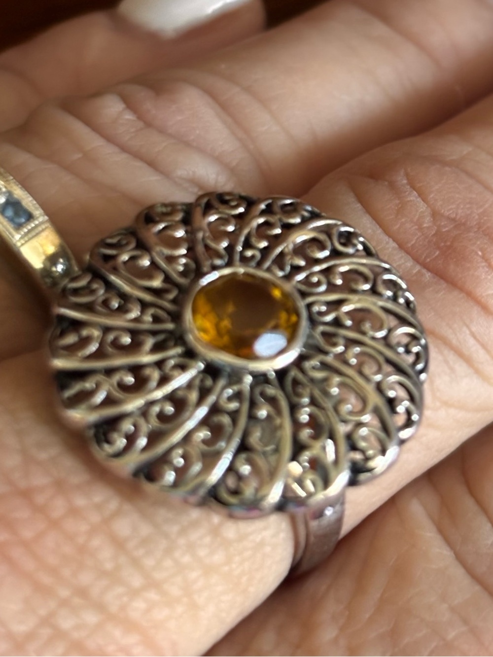 Ornate Silver Filigree Ring with Citrine gem stone